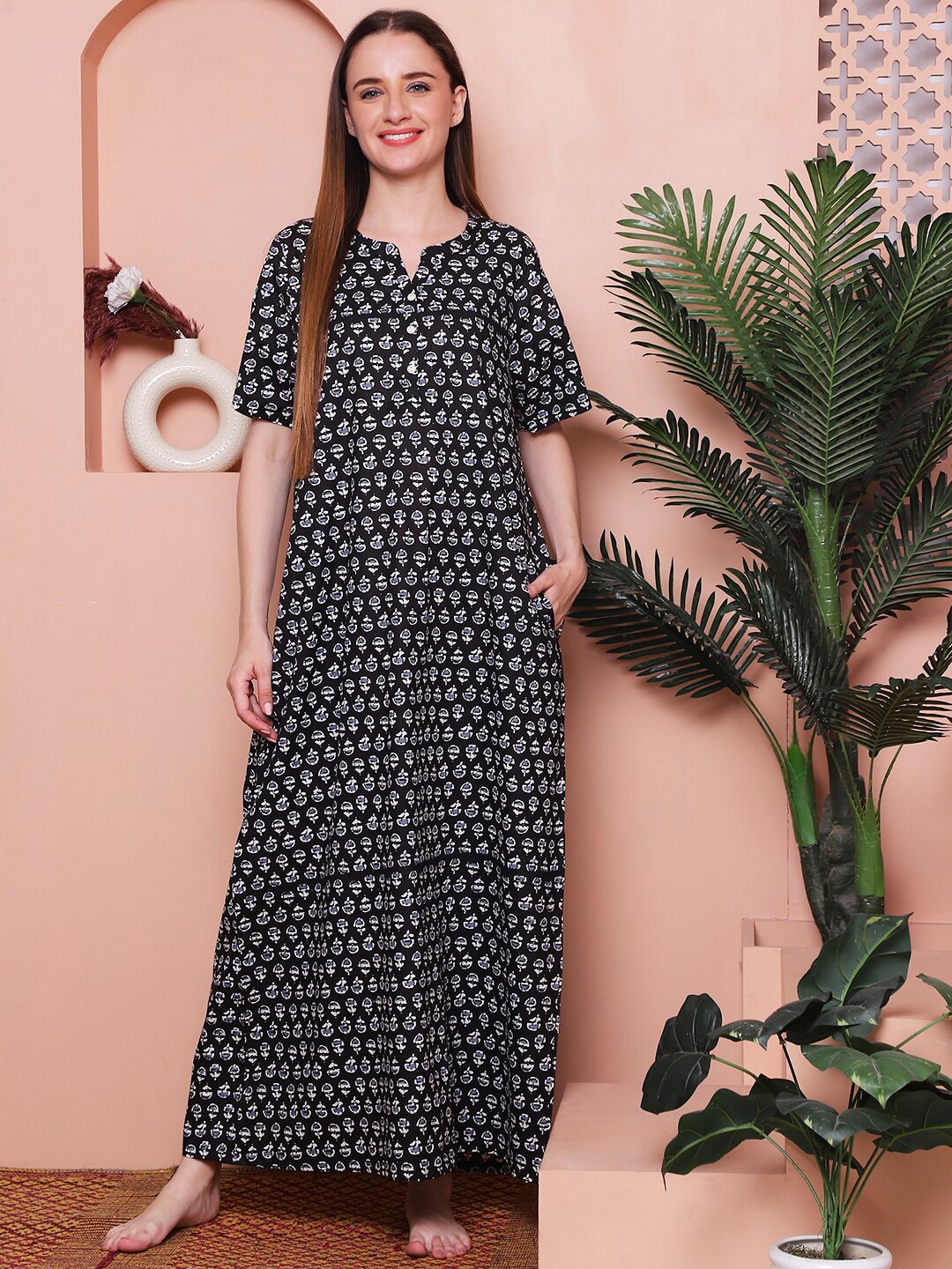 

Indreams Printed Pure Cotton Maxi Nightdress, Black