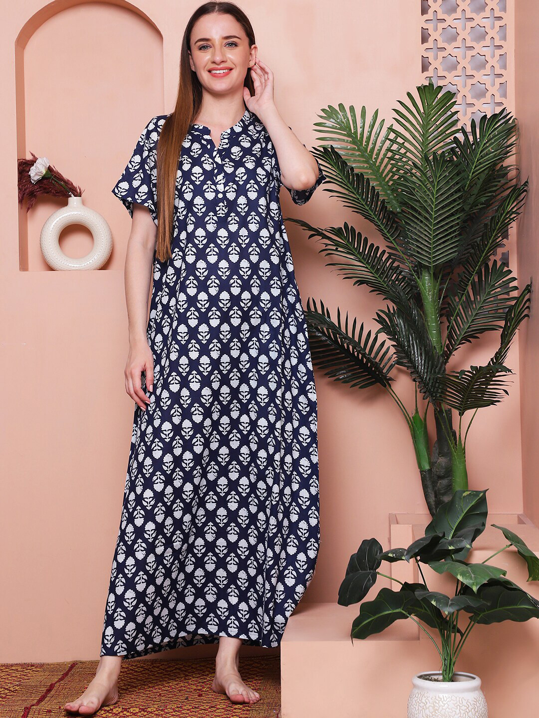 

Indreams Printed Pure Cotton Maxi Nightdress, Blue