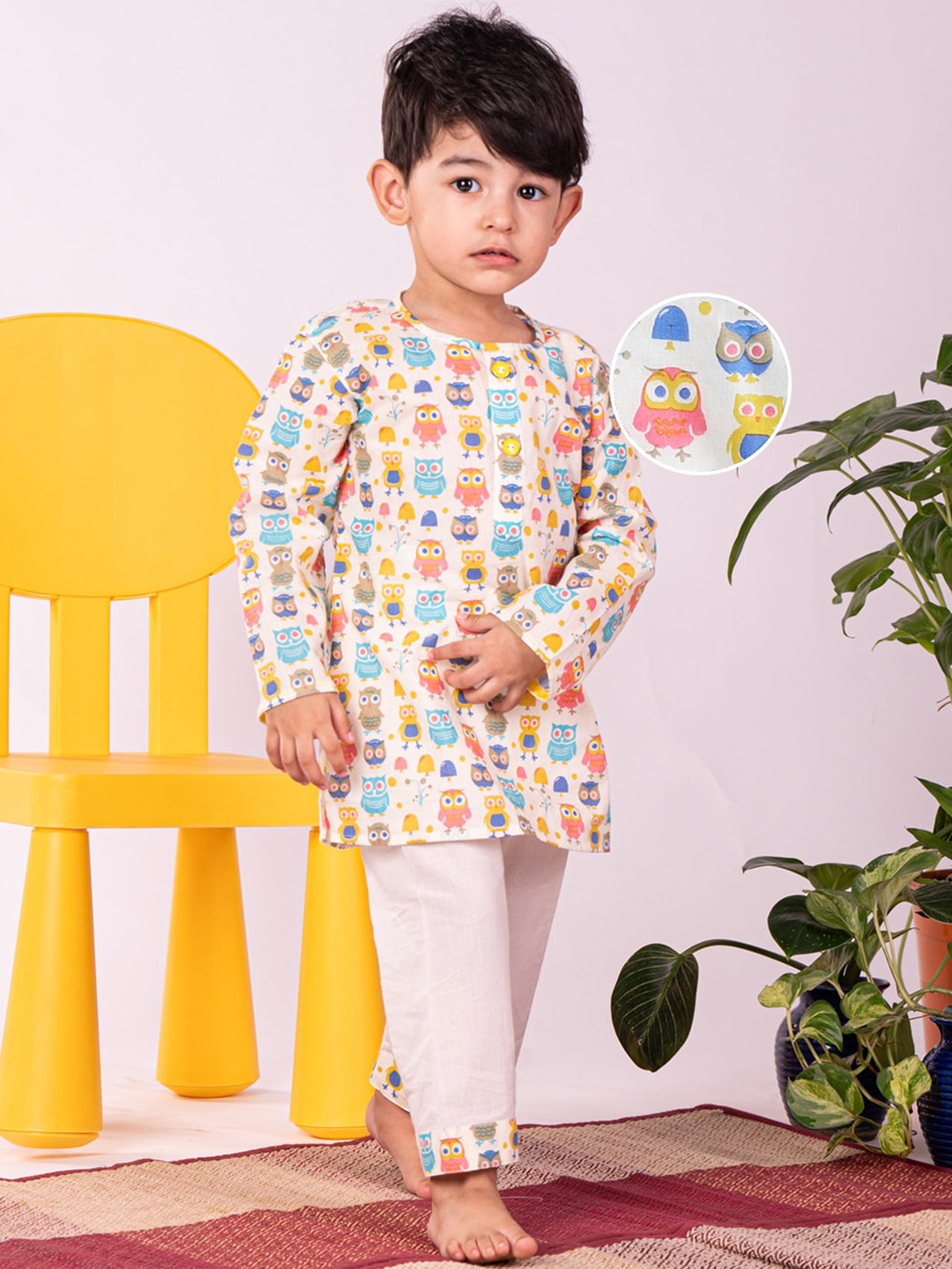 

VASTRAMAY Boys Animal Printed Regular Kurta with Pyjamas, White