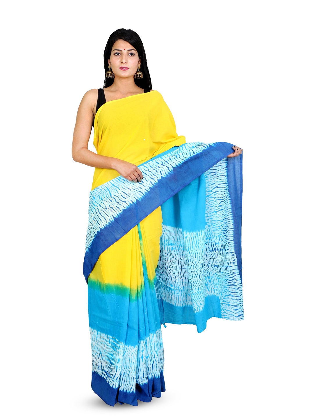 

THE FAMILIAR HANDICRAFTS Tie and Dye Pure Cotton Ikat Saree, Blue