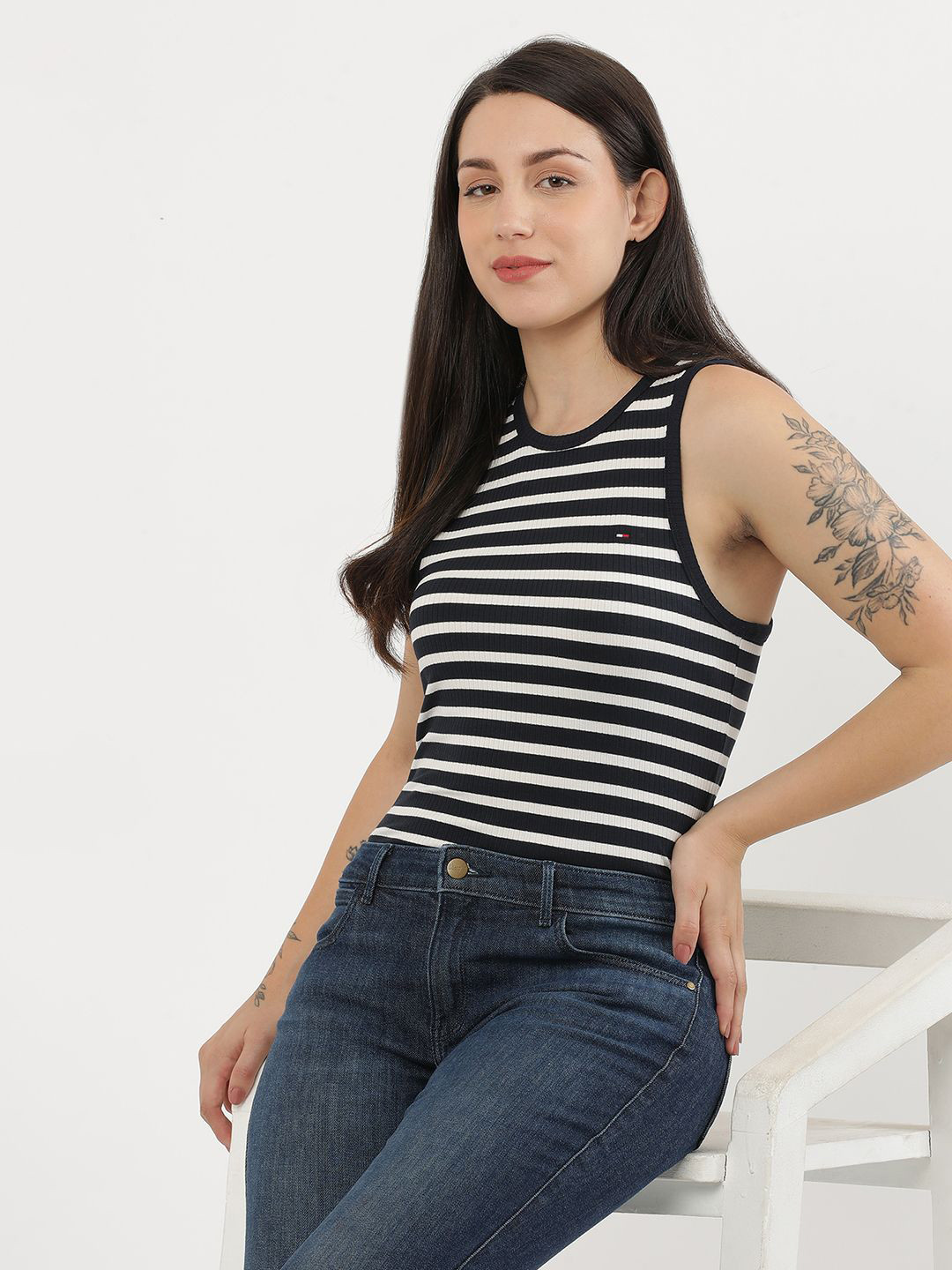 

Tommy Hilfiger Women Striped Extended Sleeves Pockets Slim Fit T-shirt, Blue