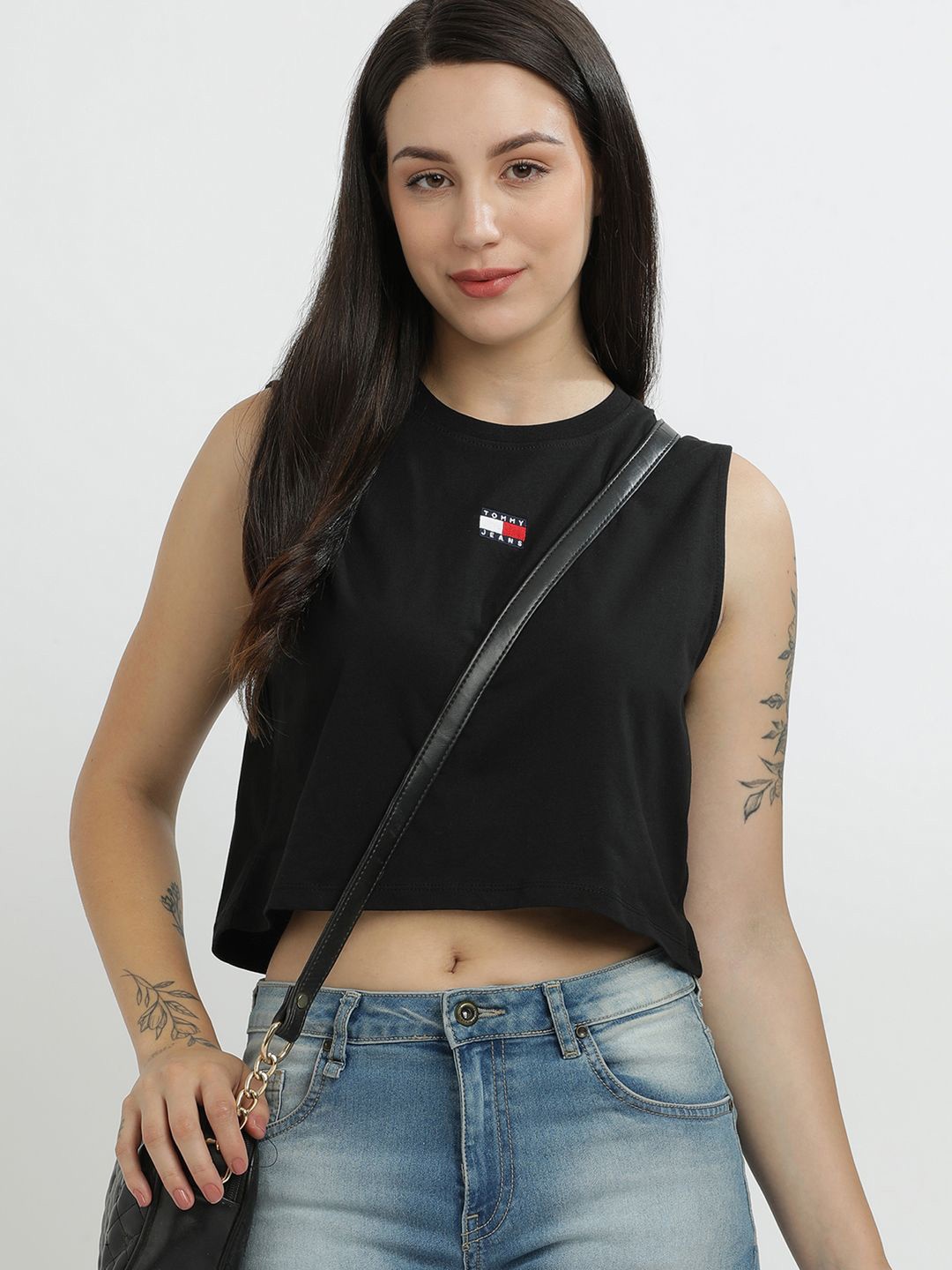 

Tommy Hilfiger Round Neck Sleeveless Pure Cotton Crop Top, Black