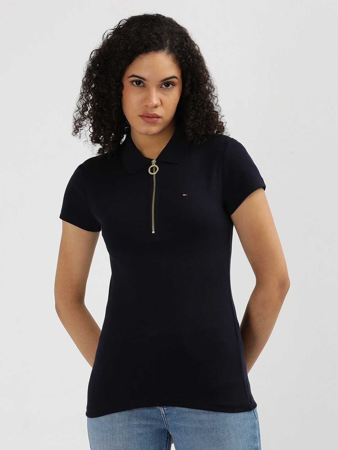 

Tommy Hilfiger Women Mandarin Collar Pockets Slim Fit T-shirt, Blue