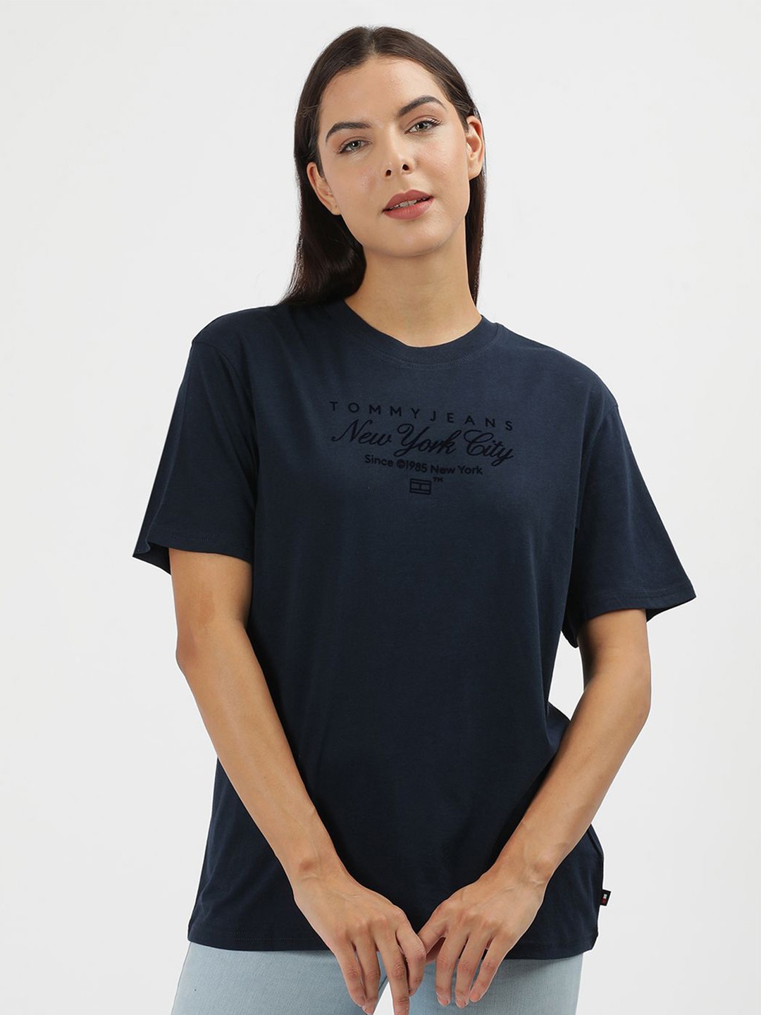 

Tommy Hilfiger Solid Women Drop-Shoulder Sleeves Cut Outs T-shirt, Blue