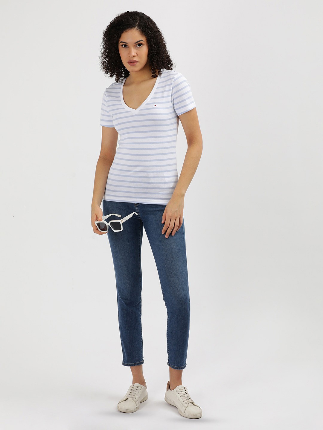 

Tommy Hilfiger Women Striped V-Neck T-shirt, Blue