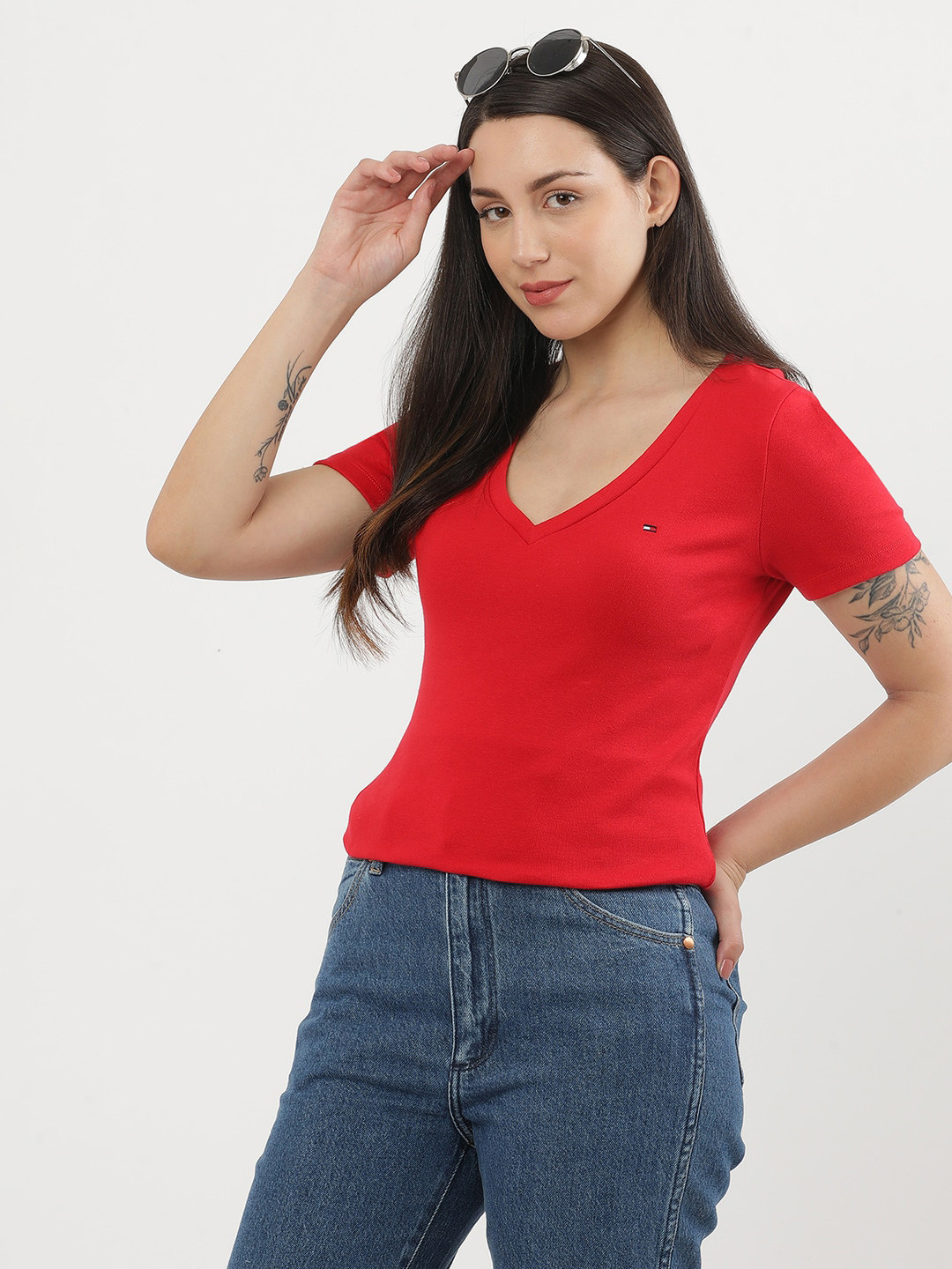 

Tommy Hilfiger Women Solid V-Neck Extended Sleeves T-shirt, Red