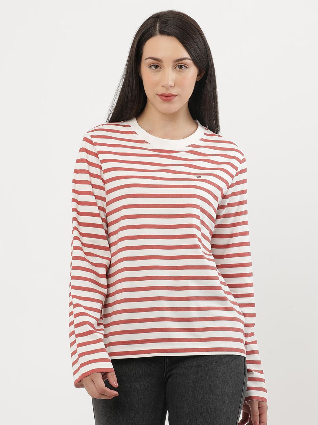 

Tommy Hilfiger Women Striped High Neck Pockets T-shirt, White