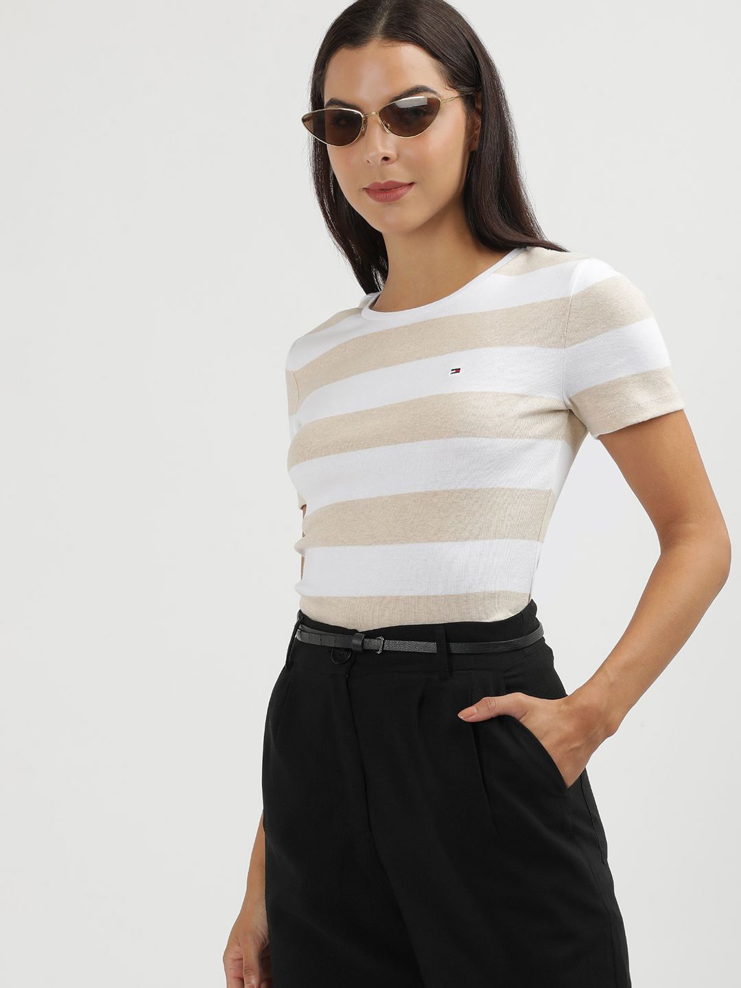 

Tommy Hilfiger Women Striped Extended Sleeves Pockets T-shirt, Beige