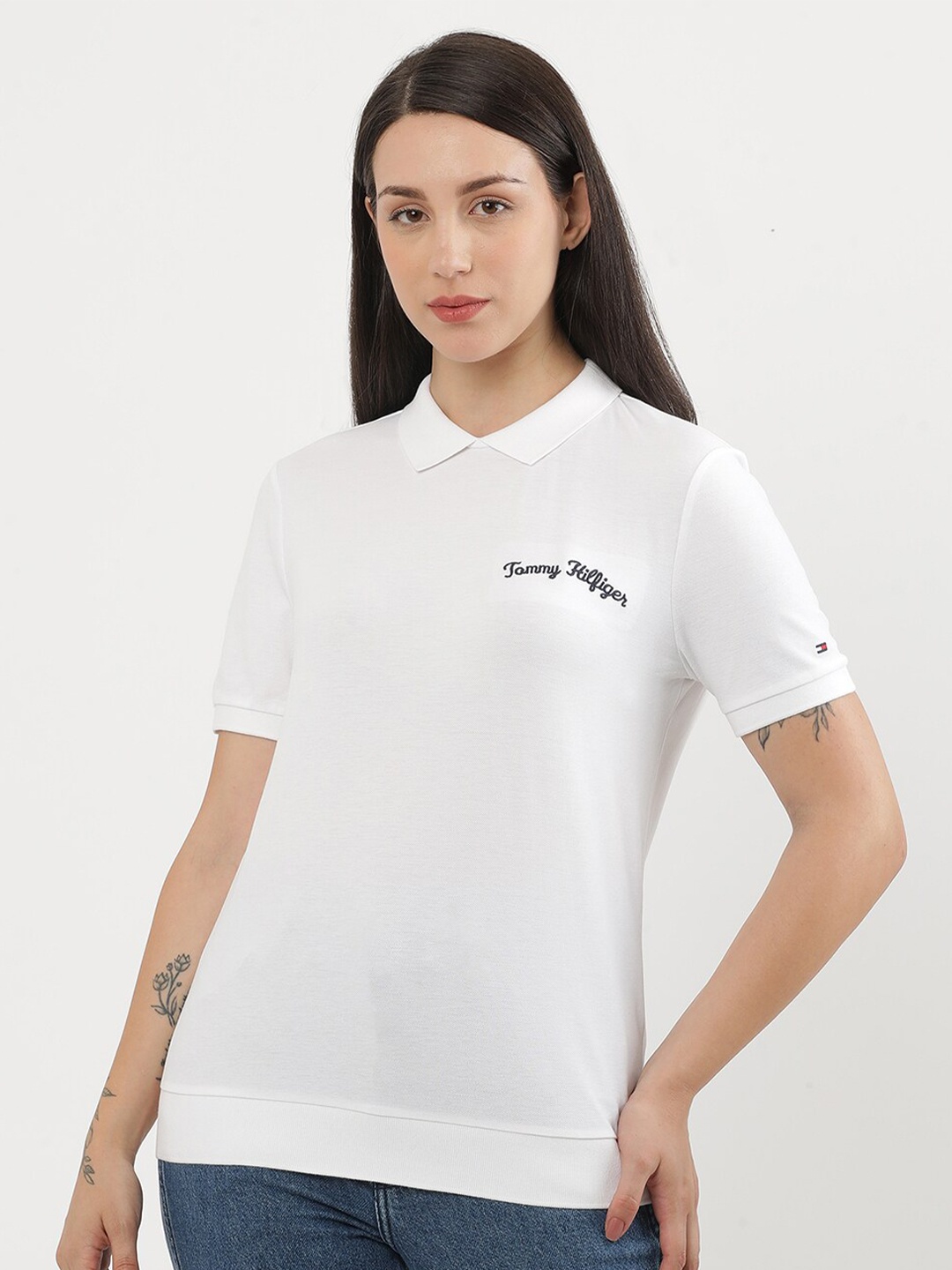 

Tommy Hilfiger Women Solid Polo Collar Pockets T-shirt, White