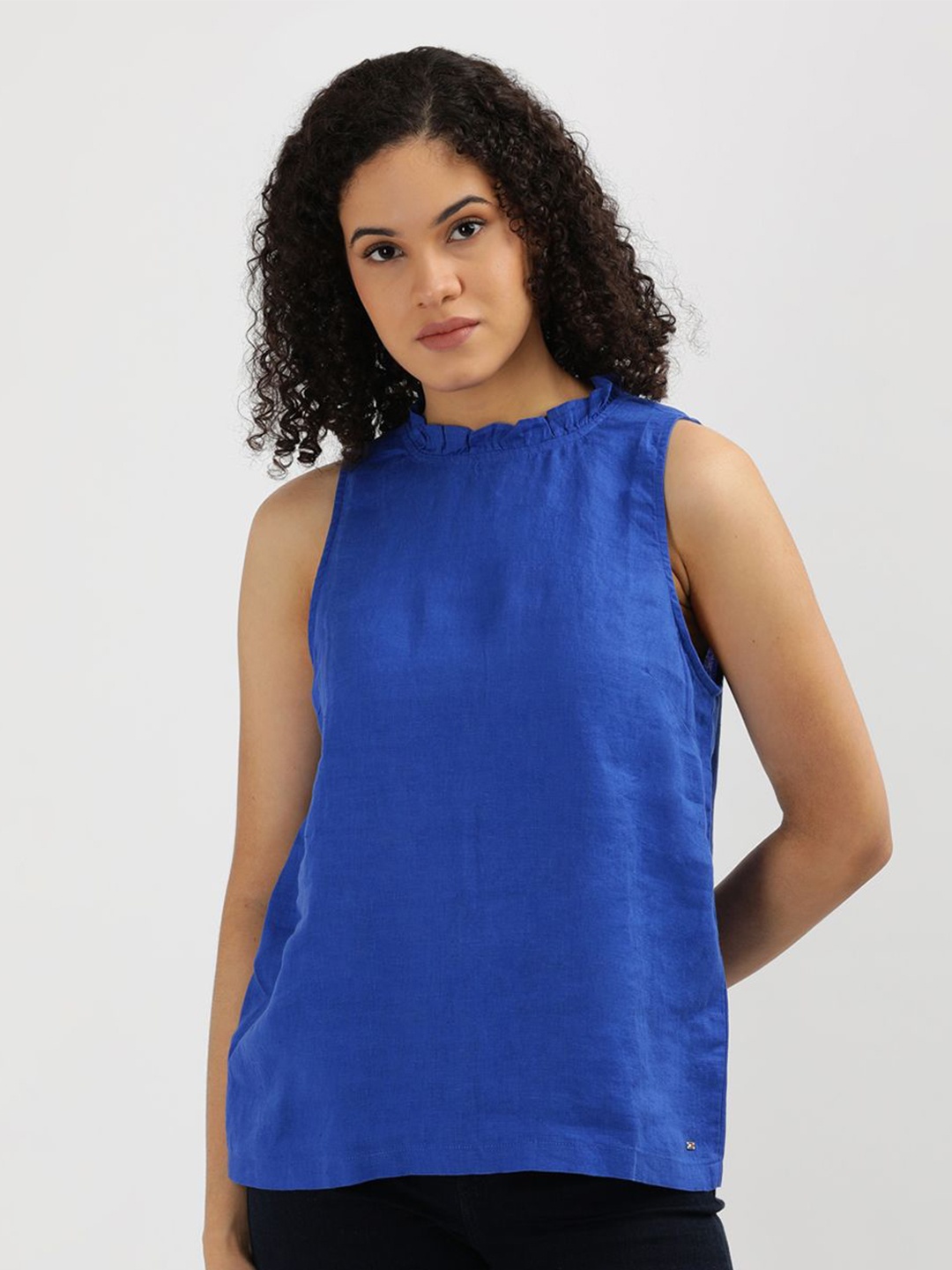 

Tommy Hilfiger Round Neck Sleeveless Linen Tops, Blue