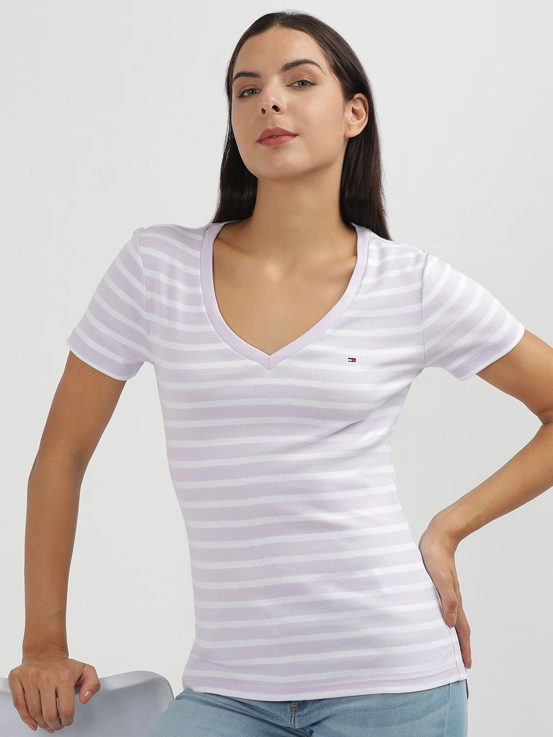 

Tommy Hilfiger Women Striped V-Neck Extended Sleeves Pockets T-shirt, Purple