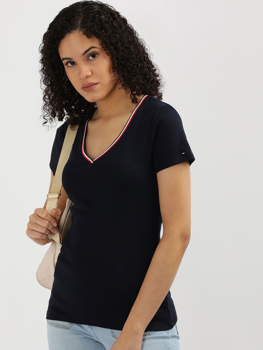

Tommy Hilfiger Women Solid V-Neck Extended Sleeves Cut Outs T-shirt, Blue