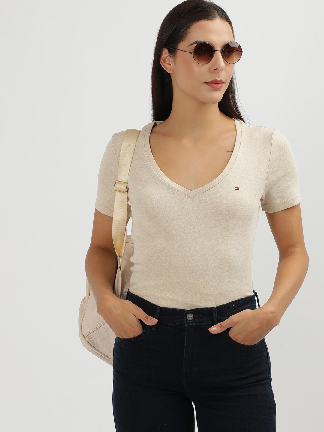 

Tommy Hilfiger Women Extended Sleeves Pockets T-shirt, Beige
