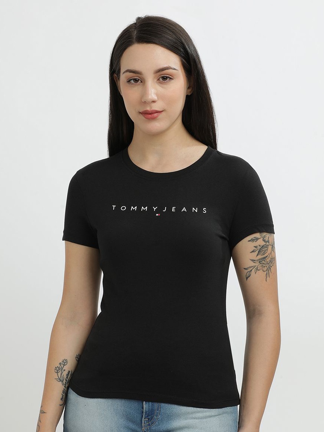 

Tommy Hilfiger Women Solid Printed Slim Fit T-shirt, Black