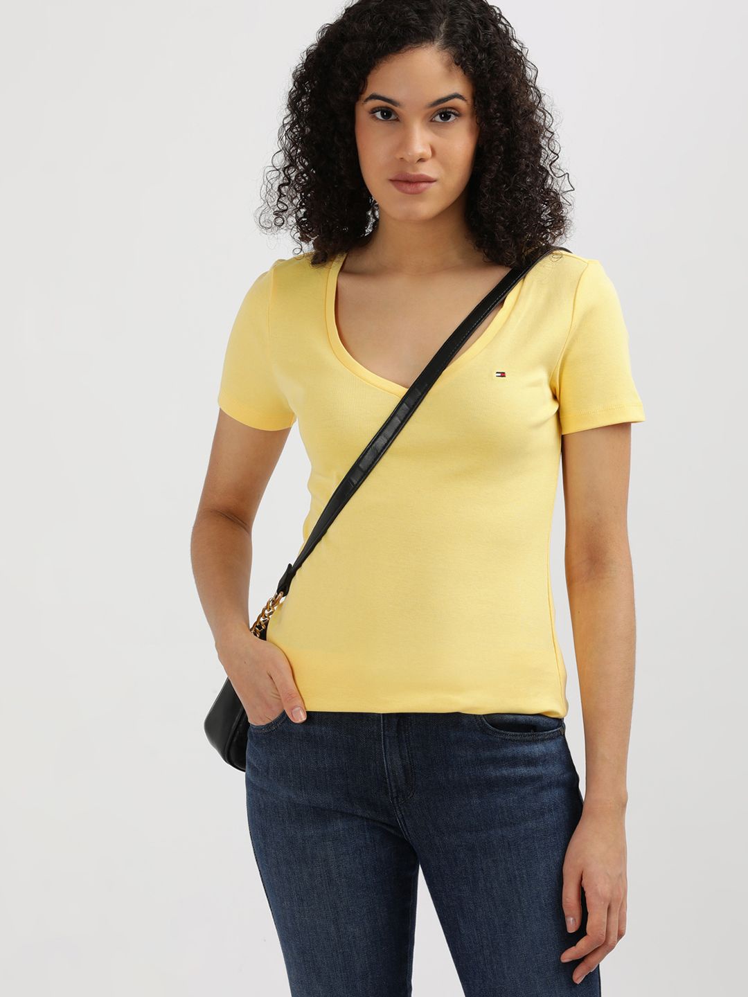 

Tommy Hilfiger Women Solid V-Neck Extended Sleeves Pockets T-shirt, Yellow