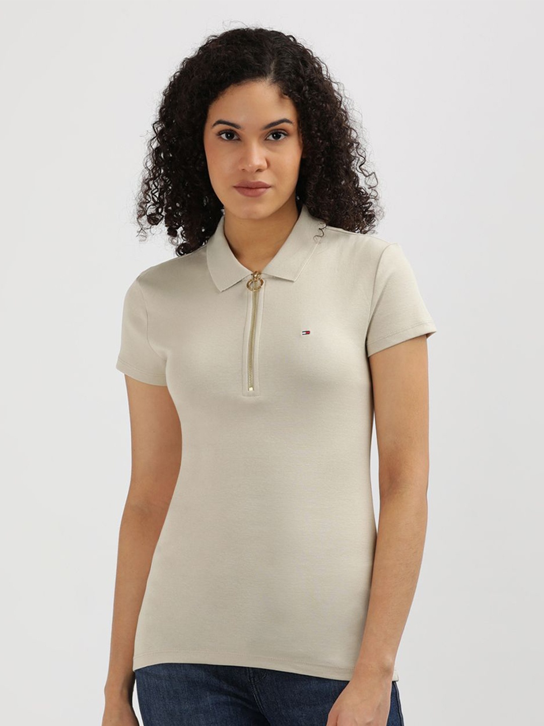 

Tommy Hilfiger Women Polo Collar Slim Fit T-shirt, Beige