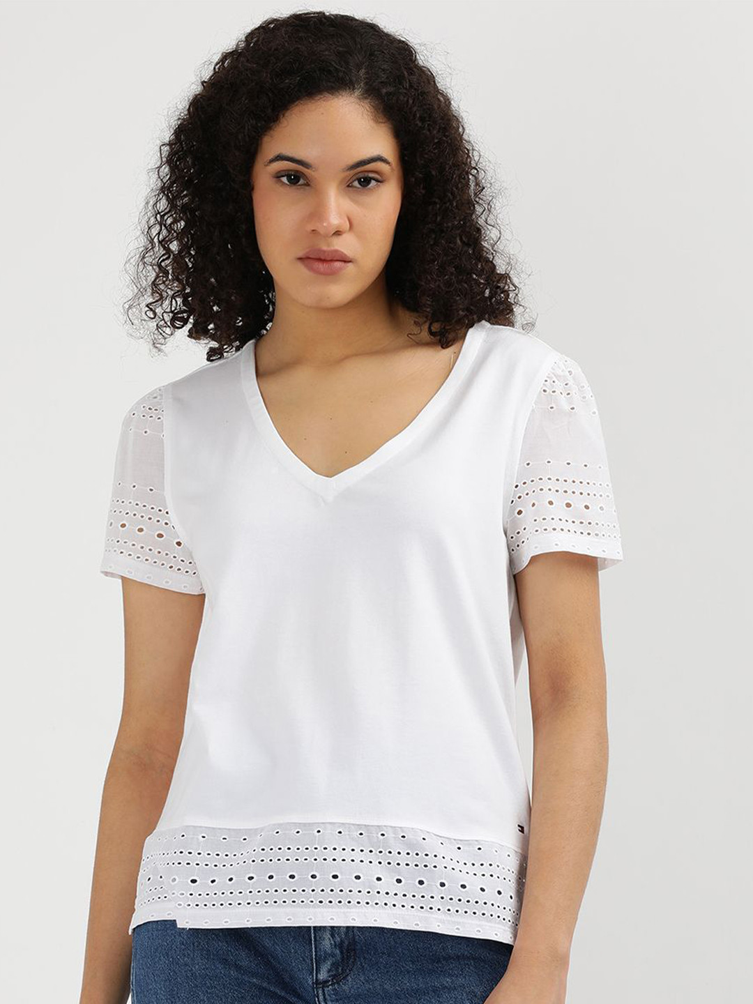 

Tommy Hilfiger Women Colourblocked V-Neck Extended Sleeves Cut Outs T-shirt, White