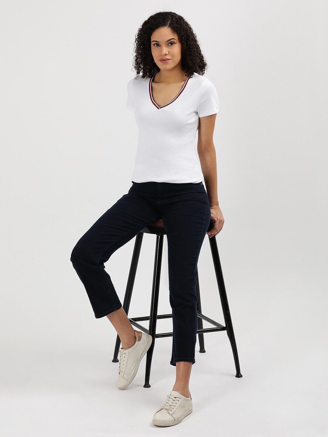 

Tommy Hilfiger Women Striped V-Neck Extended Sleeves Pockets T-shirt, White