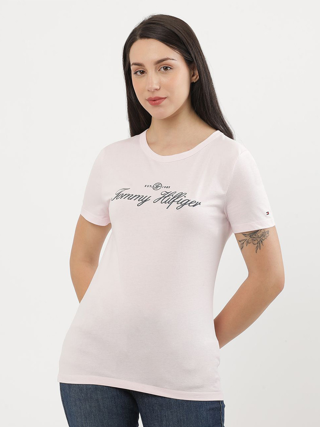 

Tommy Hilfiger Women Typography Printed Slim Fit T-shirt, Pink