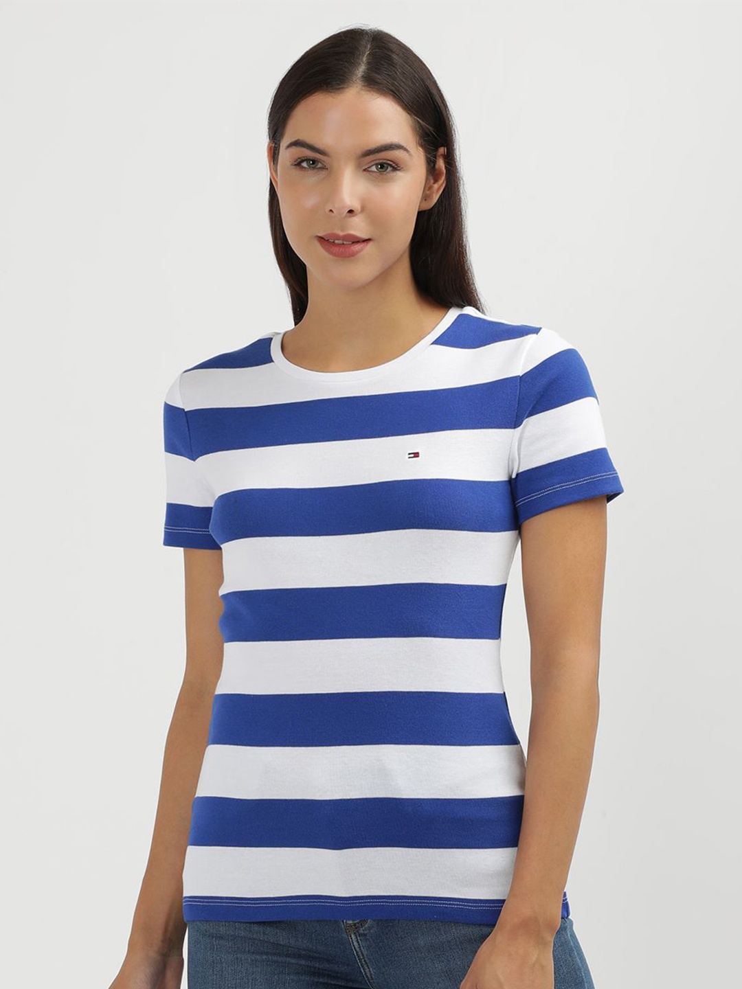 

Tommy Hilfiger Women Striped Hooded Pockets T-shirt, Blue