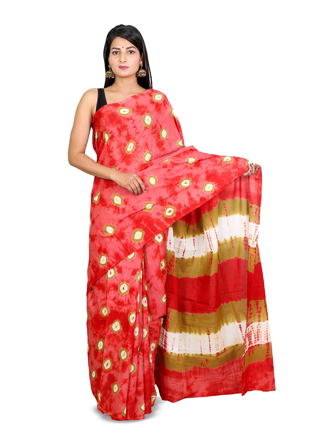 

THE FAMILIAR HANDICRAFTS Tie and Dye Mirror Work Pure Cotton Ikat Saree, Red