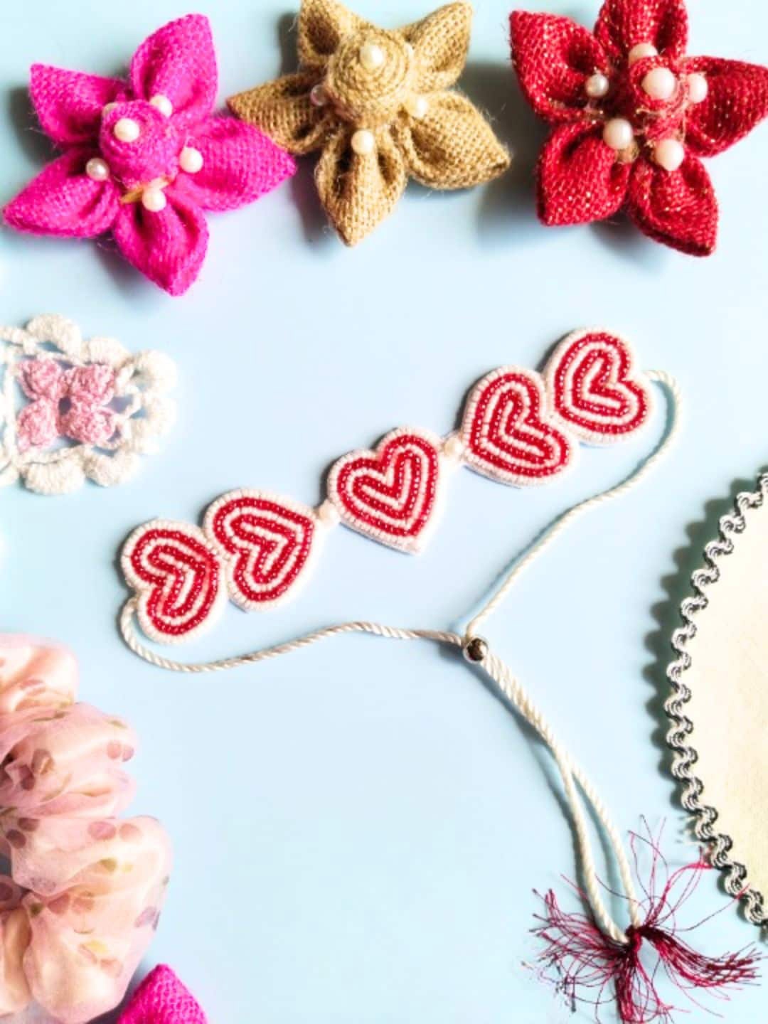 

Sangria Red Heart Detail Beaded Wraparound Rakhi