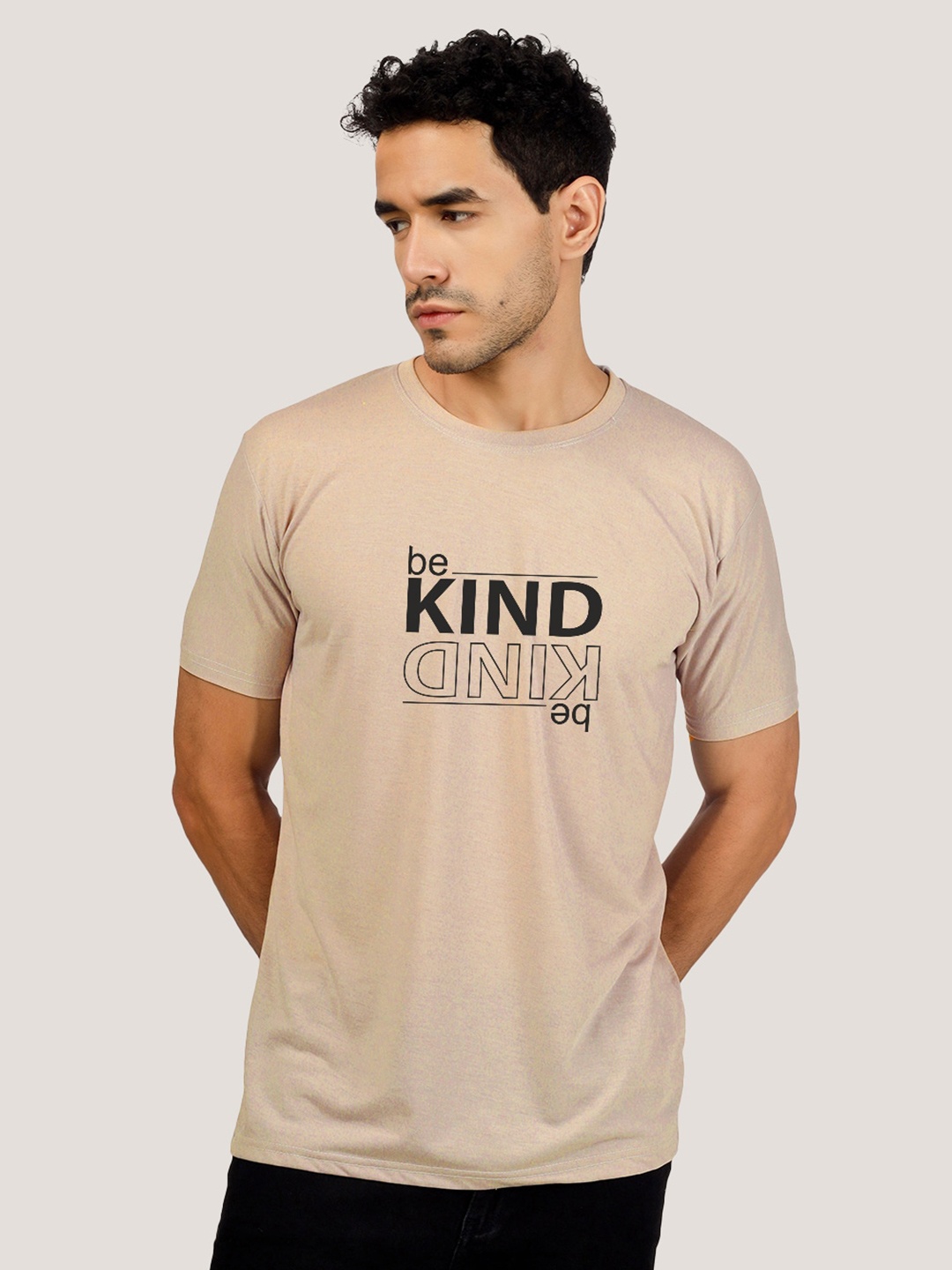 

Greylongg Men Typography Printed Applique T-shirt, Beige