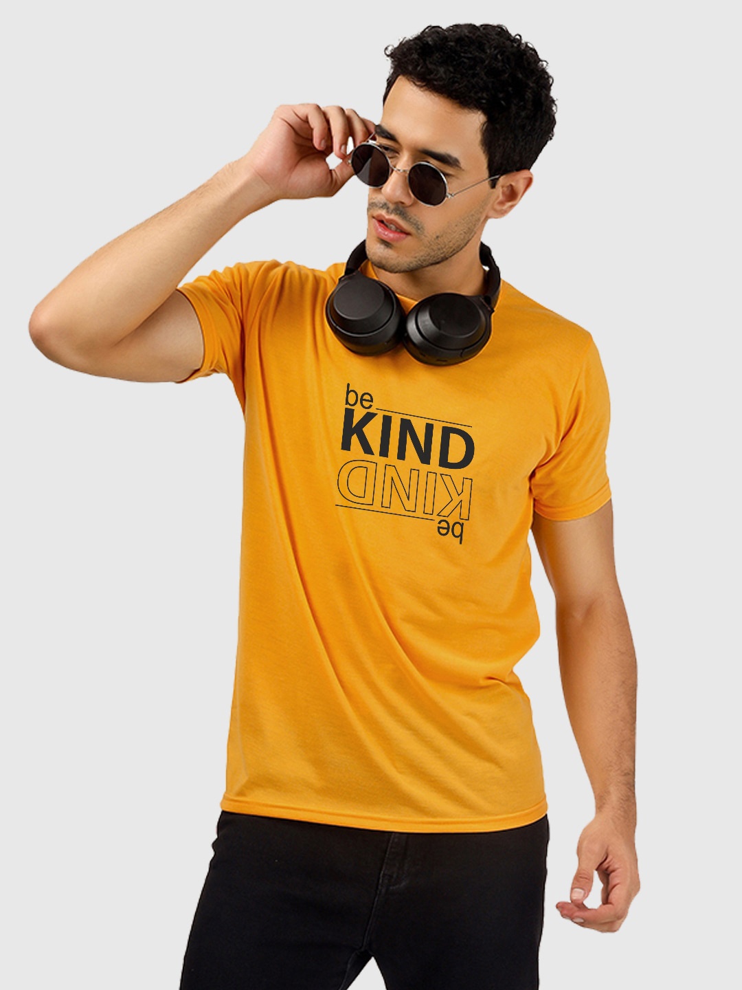 

Greylongg Men Typography Printed Applique T-shirt, Mustard