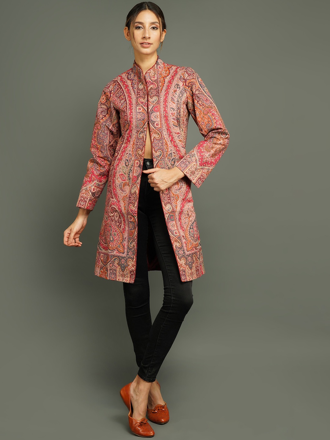 

DUSALA INDIA Women Floral Woollen Longline Open Front Jacket With Embroidered, Red