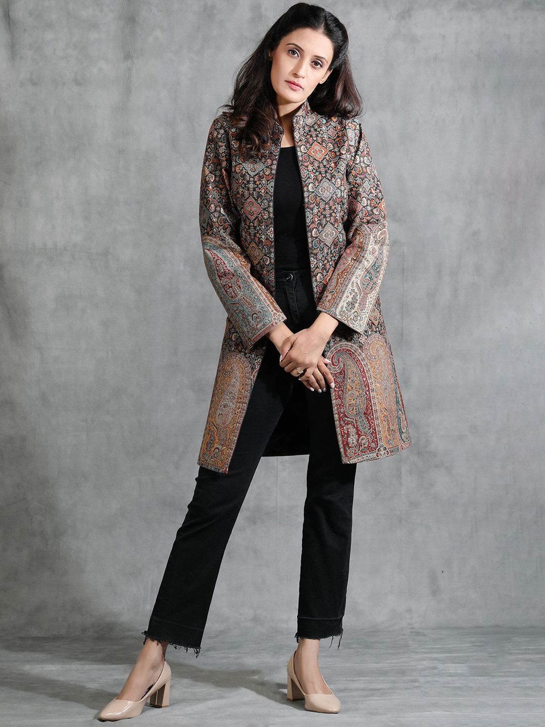 

DUSALA INDIA Women Floral Woollen Longline Tailored Jacket with Embroidered, Black