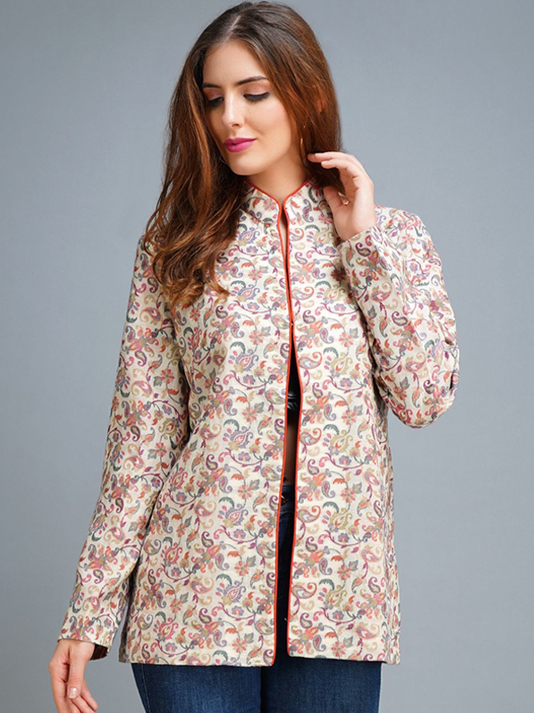 

DUSALA INDIA Women Floral Woollen Longline Tailored Jacket with Embroidered, White