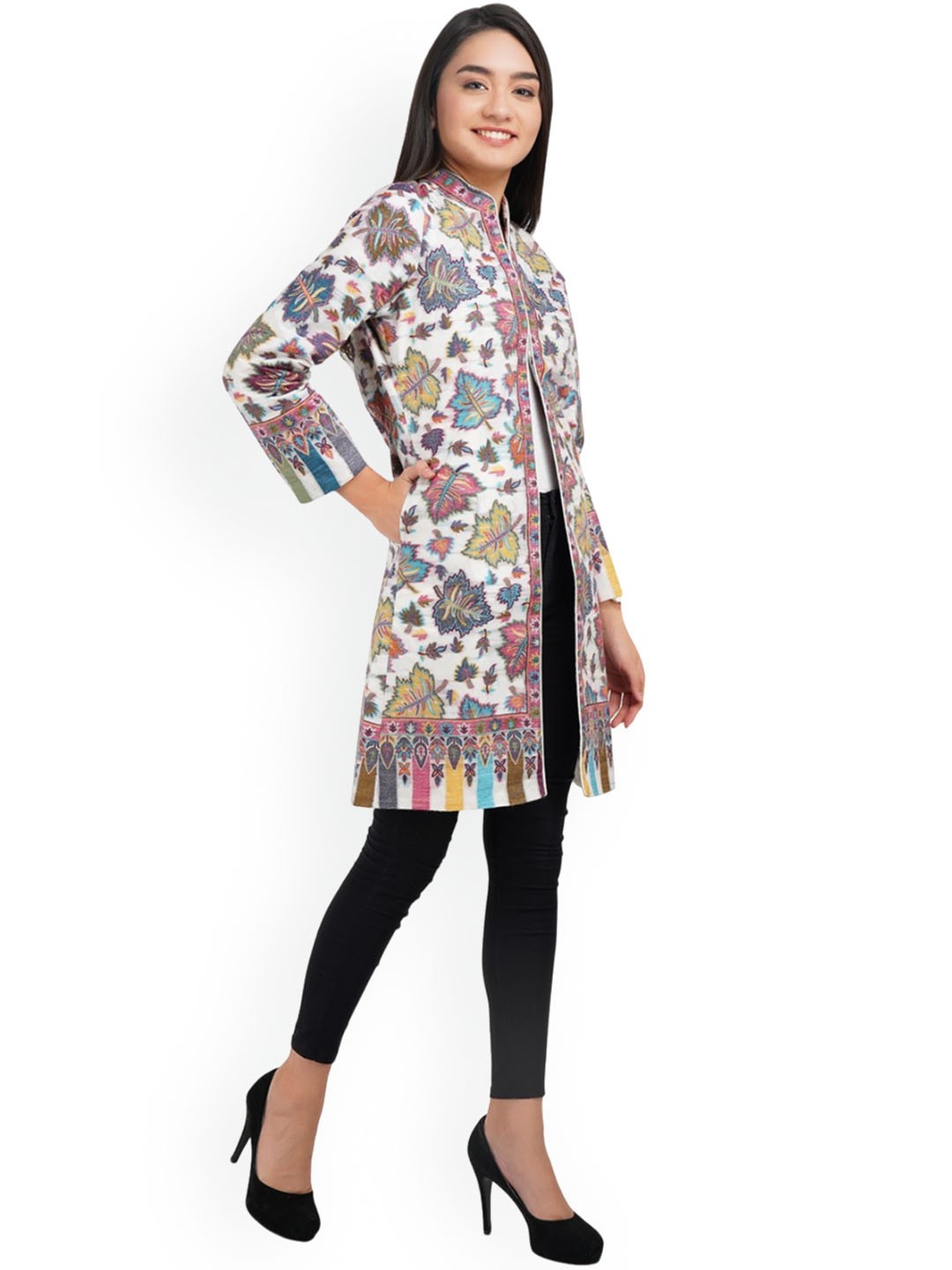 

DUSALA INDIA Women Floral Woollen Longline Open Front Jacket with Embroidered, White