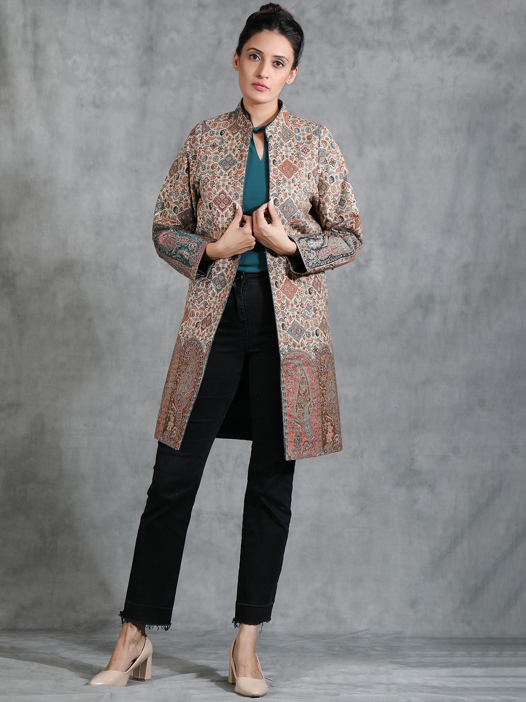 

DUSALA INDIA Women Floral Woollen Longline Tailored Jacket with Embroidered, Beige