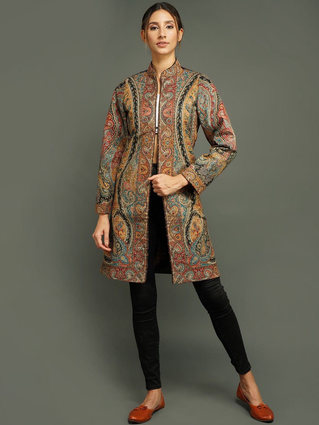 

DUSALA INDIA Women Woollen Longline Tailored Jacket with Embroidered, Black