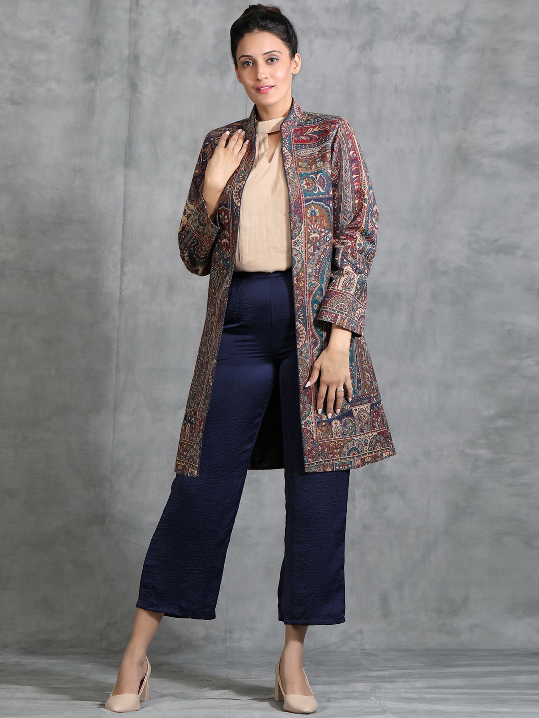 DUSALA INDIA Women Floral Embroidered Woollen Longline Open Front Jacket, Black