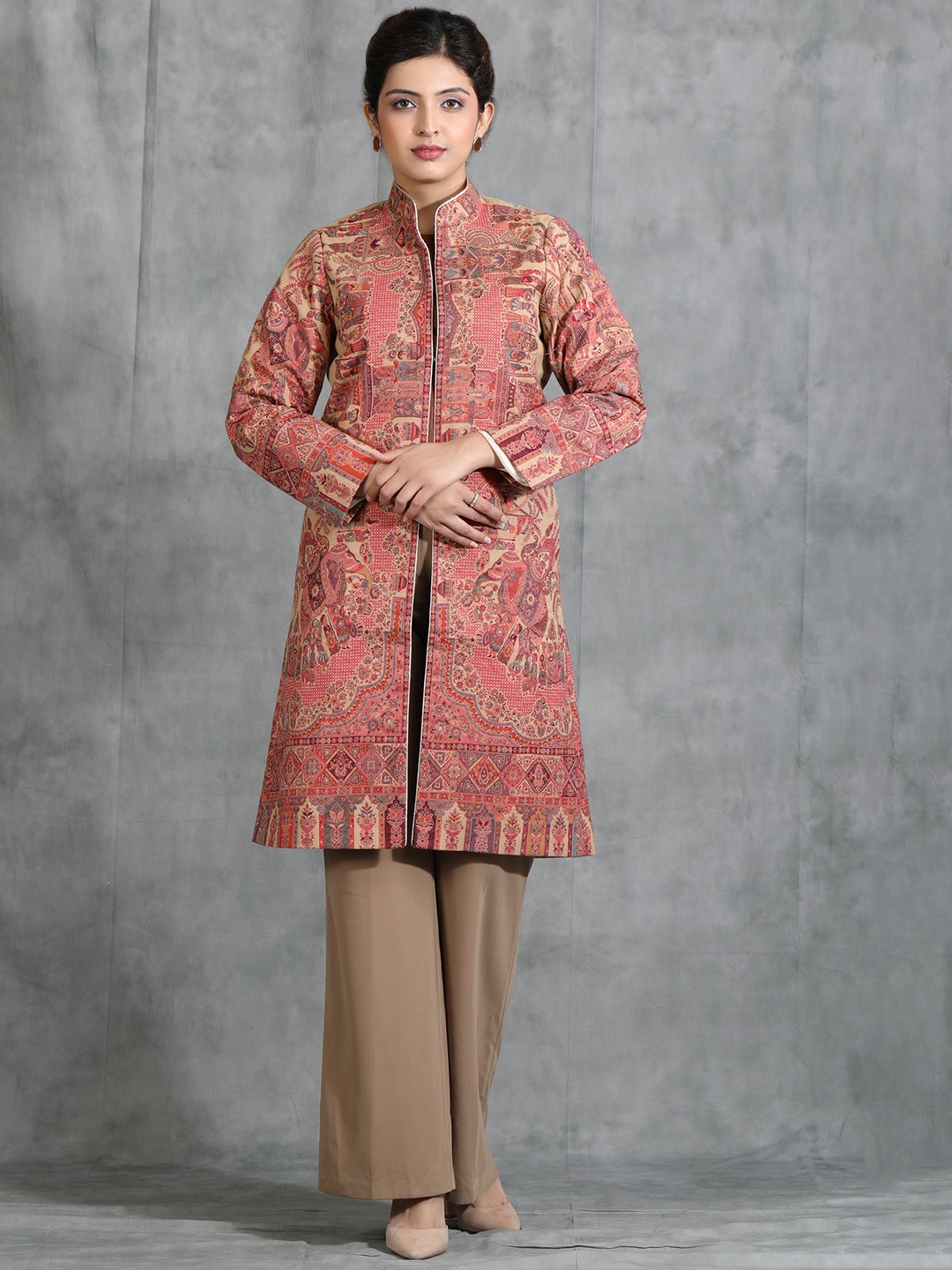 

DUSALA INDIA Women Floral Woollen Longline Open Front Jacket, Red