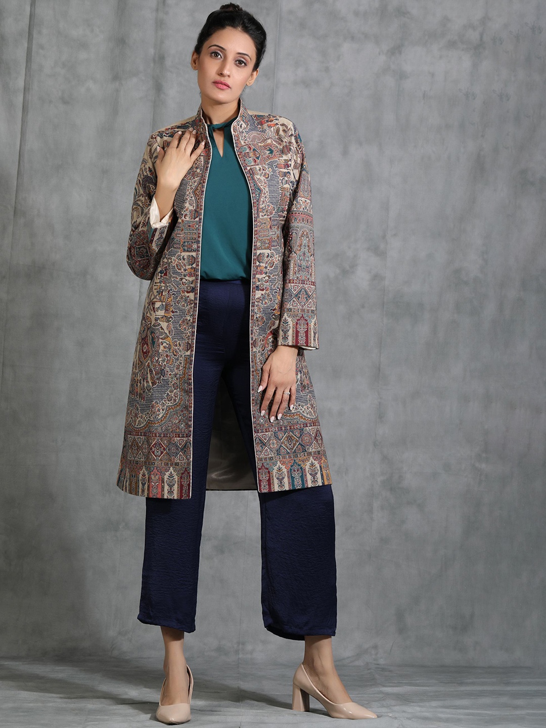 

DUSALA INDIA Women Floral Woollen Longline Open Front Jacket with Embroidered, Beige