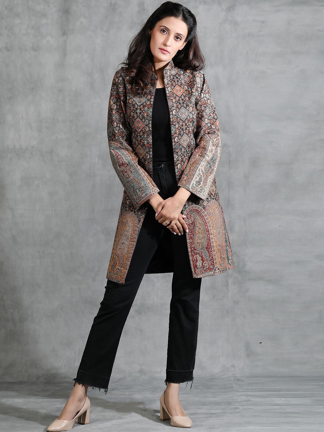 

DUSALA INDIA Women Floral Woollen Longline Tailored Jacket with Embroidered, Black