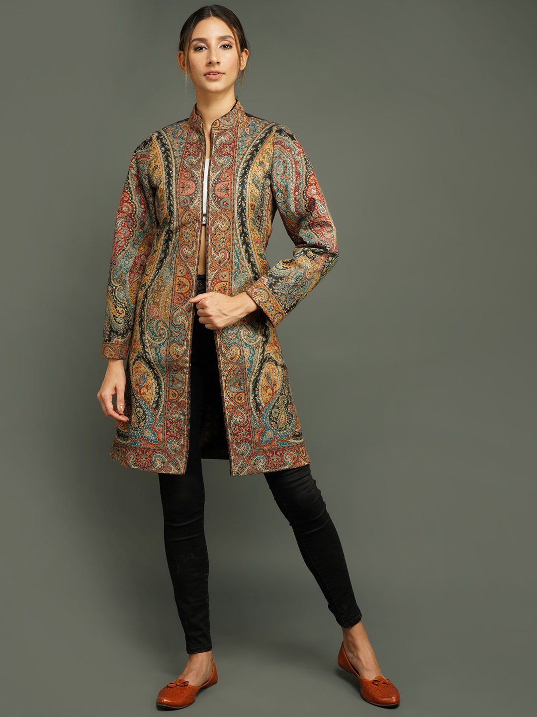 

DUSALA INDIA Women Paisley Woollen Longline Tailored Jacket with Embroidered, Black