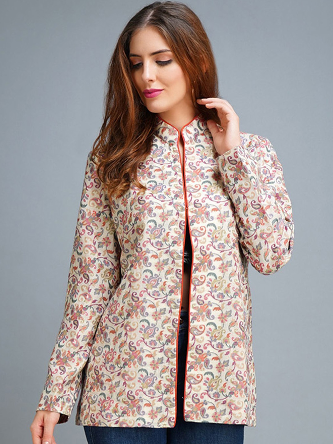 

DUSALA INDIA Women Paisley Woollen Longline Tailored Jacket with Embroidered, White