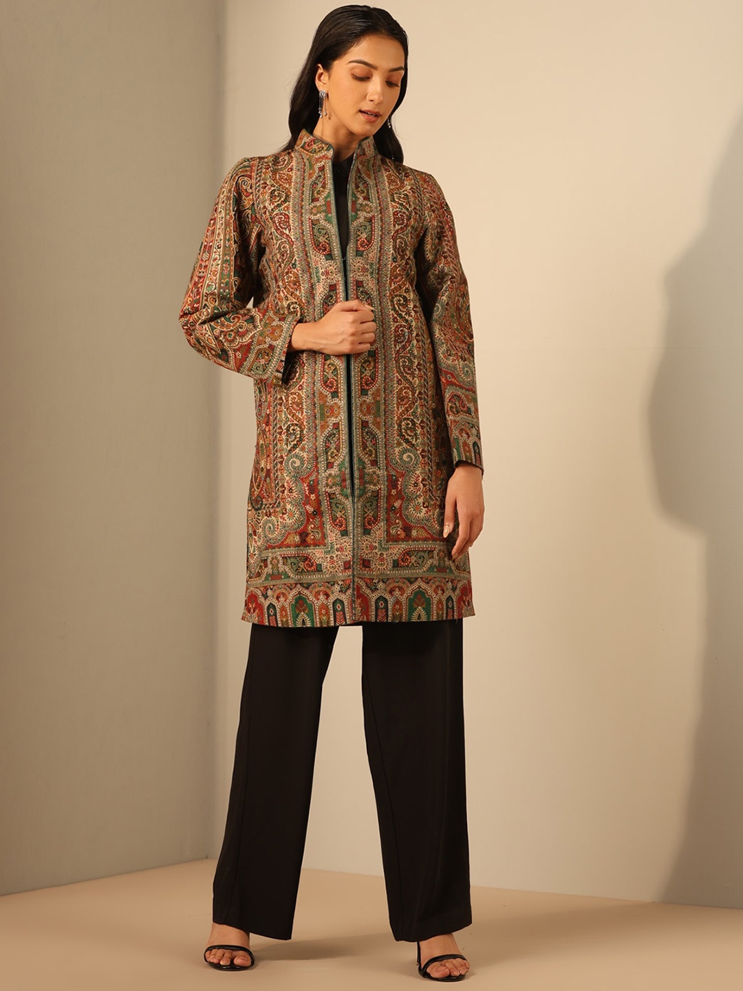 

DUSALA INDIA Women Woollen Longline Tailored Jacket with Patchwork, Maroon