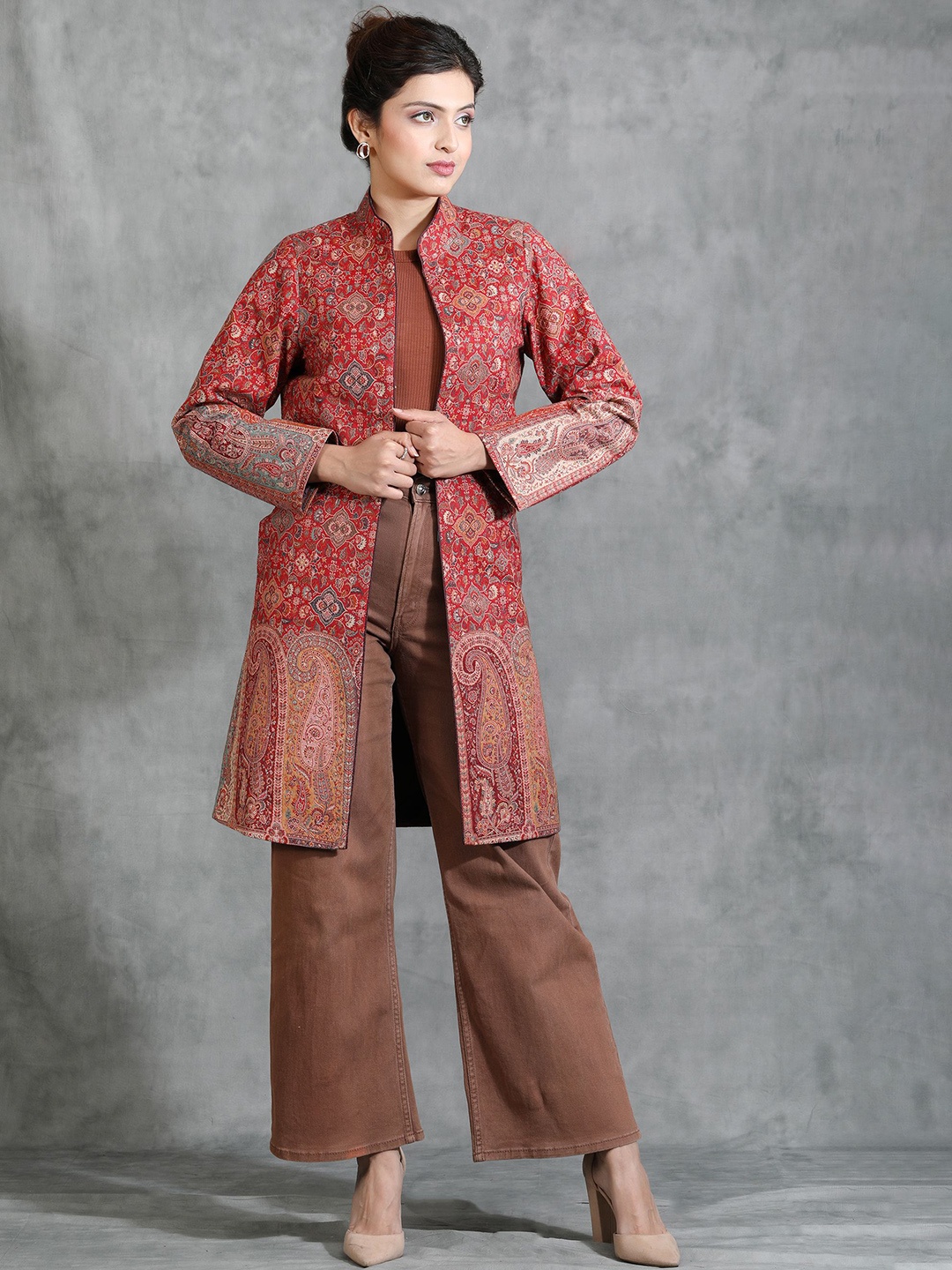 

DUSALA INDIA Women Paisley Pritned Woollen Longline Tailored Jacket, Red