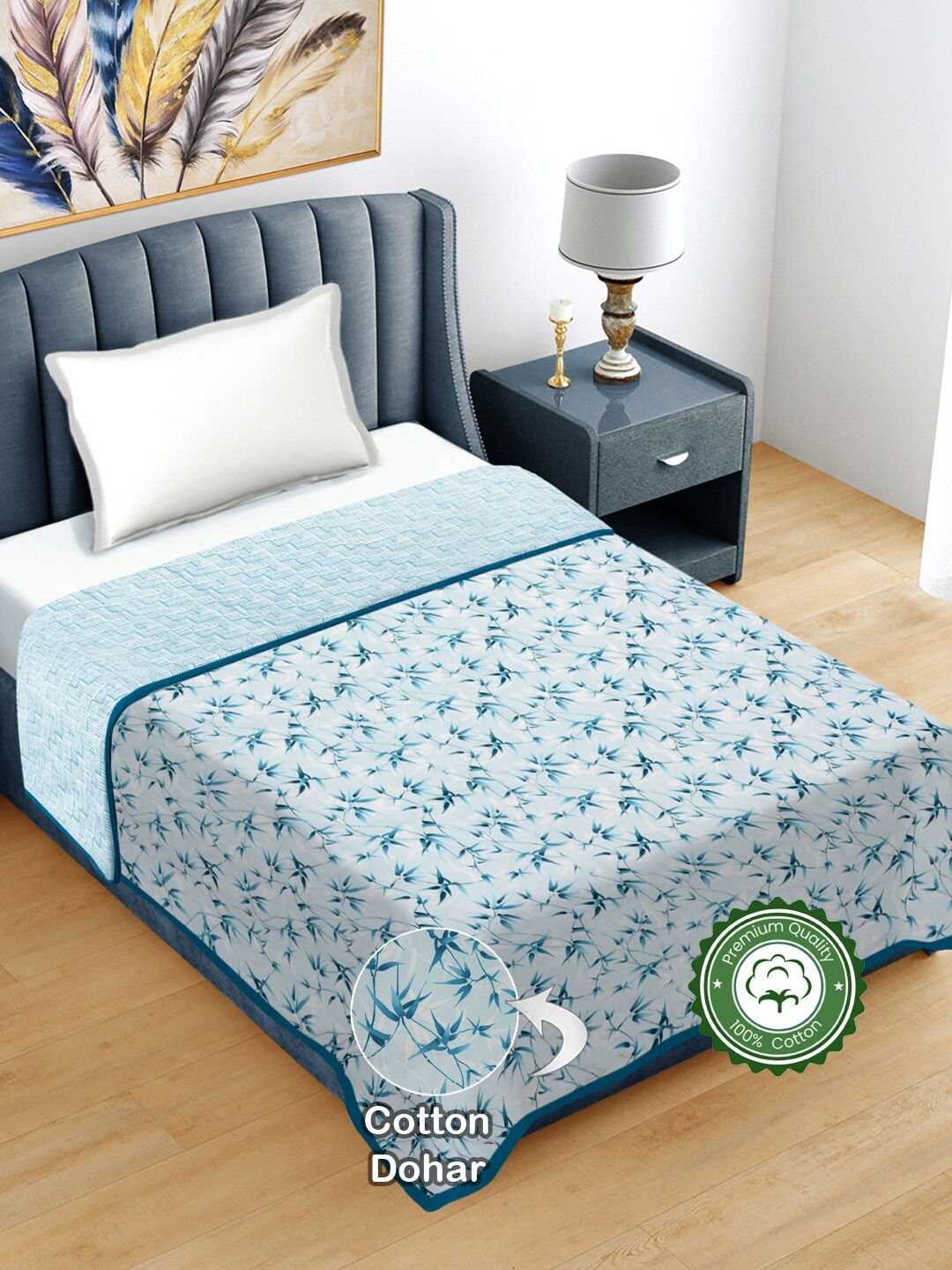 

FABINALIV Blue Floral Print Reversible AC Room 300 GSM Pure Cotton Single Bed Dohar