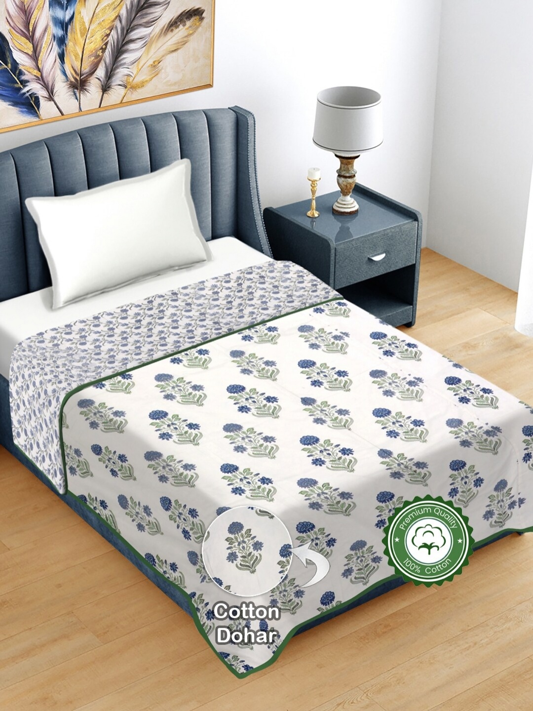 

FABINALIV Multicolor Ethnic Motif Reversible AC Room 300 GSM Pure Cotton Single Bed Dohar, Green