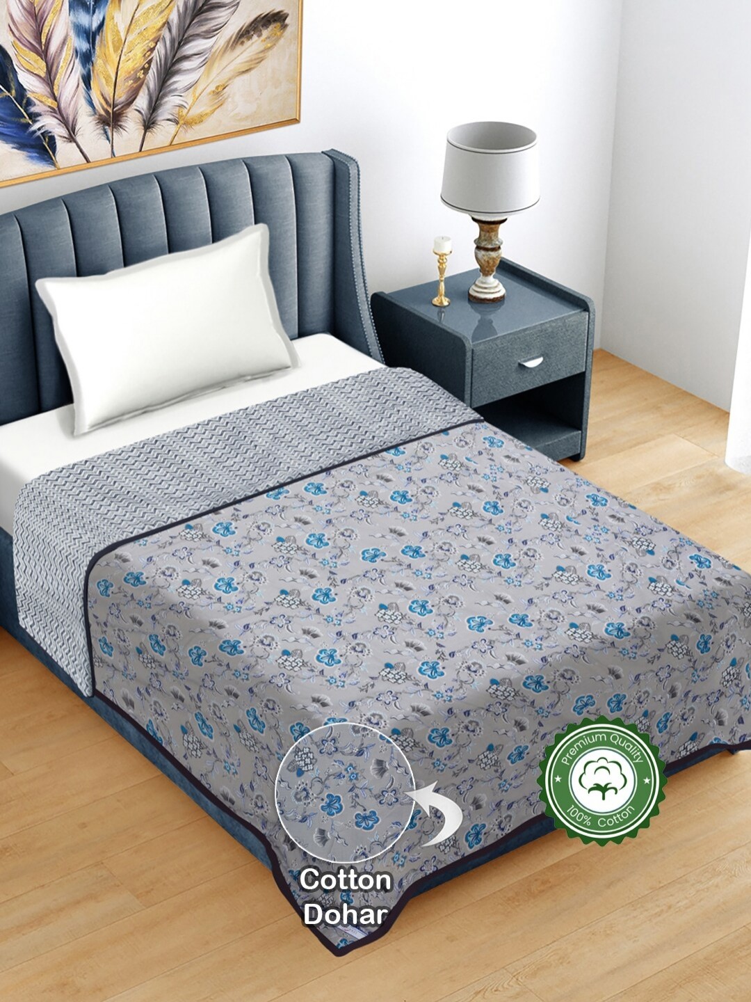 

FABINALIV Grey Floral Print Reversible AC Room 300 GSM Pure Cotton Single Bed Dohar