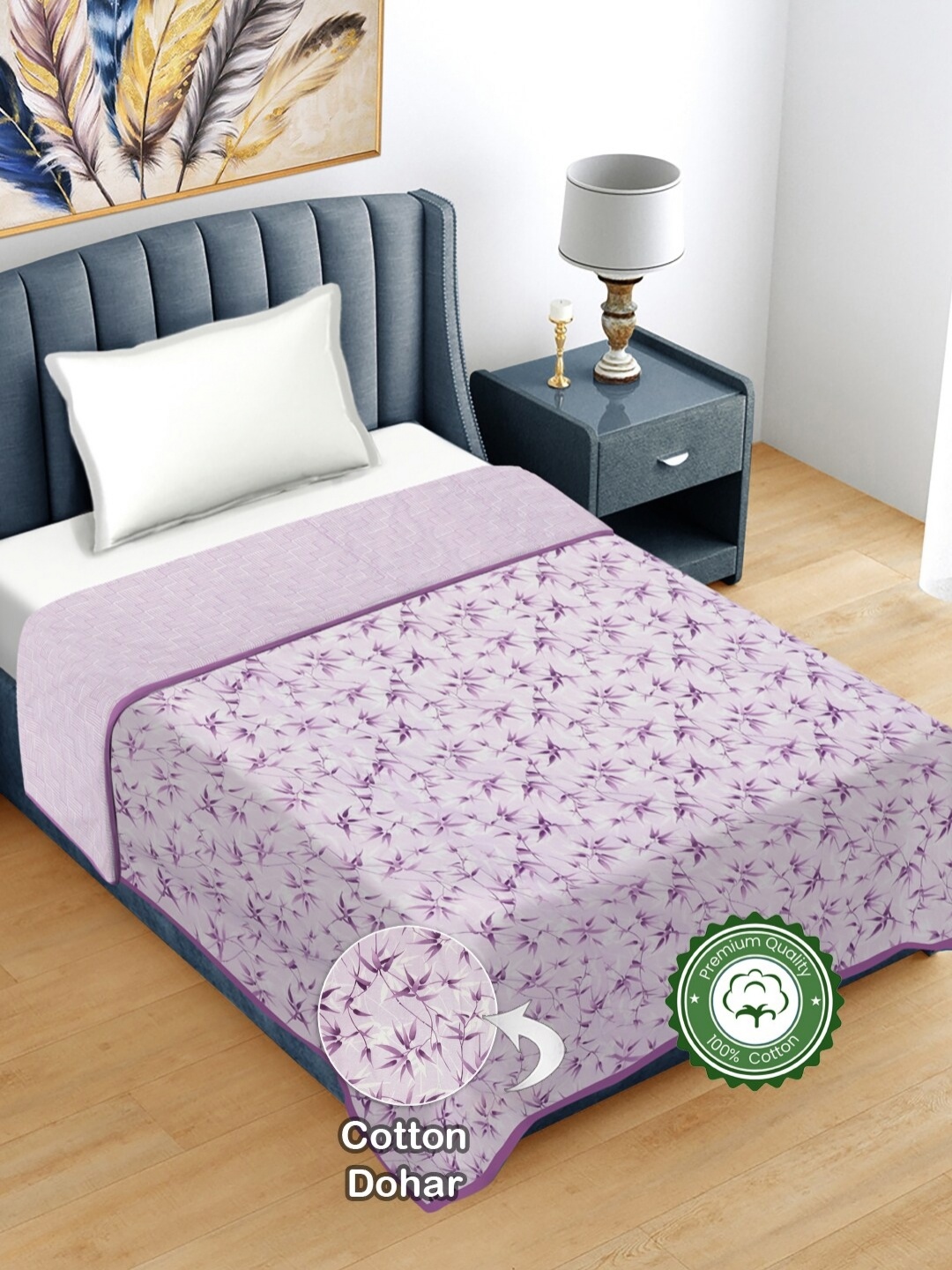 

FABINALIV Purple Floral Print Reversible AC Room 300 GSM Pure Cotton Single Bed Dohar