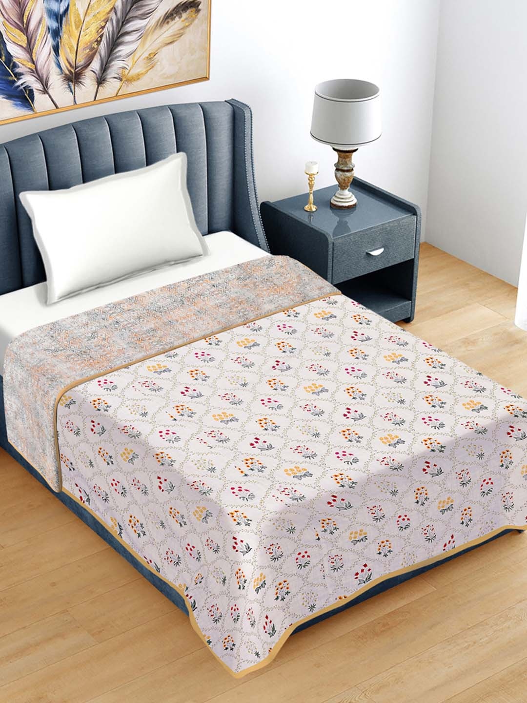 

FABINALIV Floral Print Reversible AC Room 300 GSM Pure Cotton Single Bed Dohar, Cream