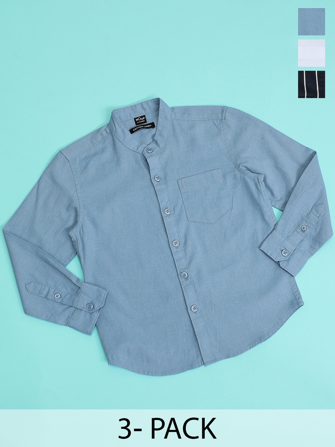 

Hoop Boys Pack Of 3 Spread Collar Cotton Shirts, Blue