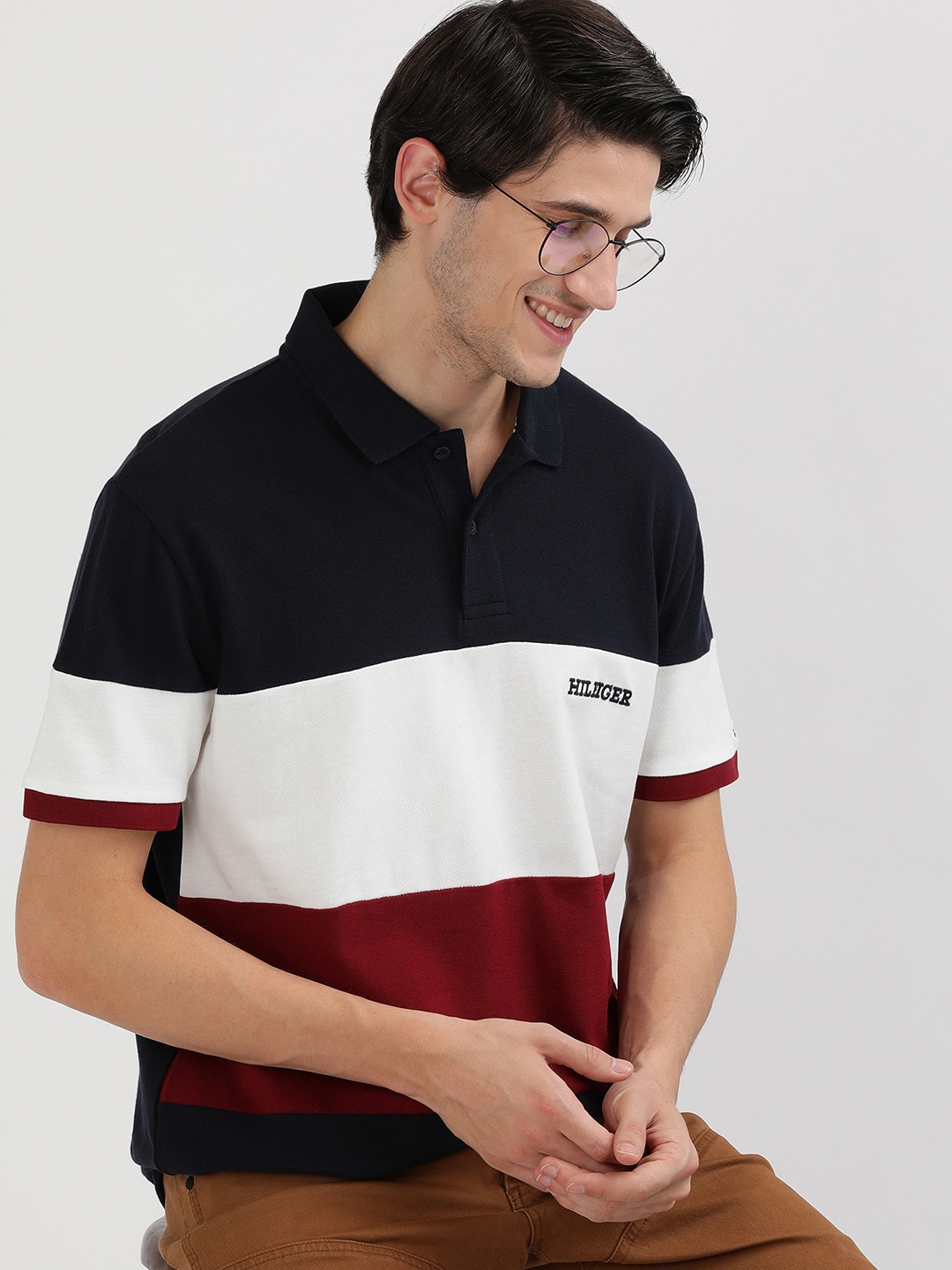 

Tommy Hilfiger Men Solid Striped Polo Collar Pockets T-shirt, Blue