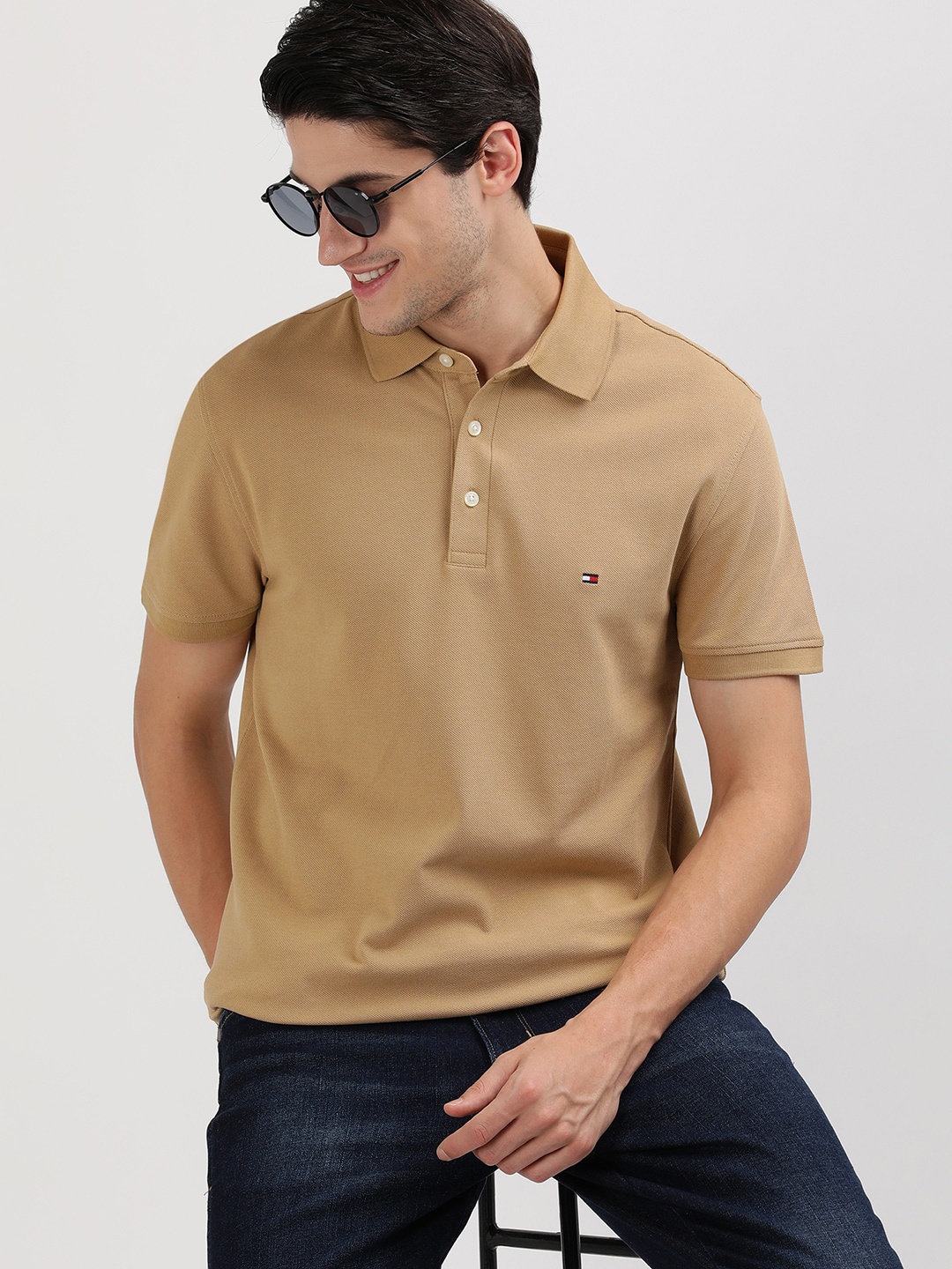 

Tommy Hilfiger Men Polo Collar Pockets Slim Fit T-shirt, Beige